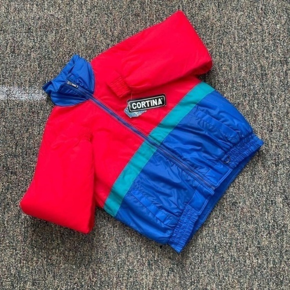 Vintage Cortina Colorblock Windbreaker Jacket Red Blue Teal Large Full Zip 90s‎